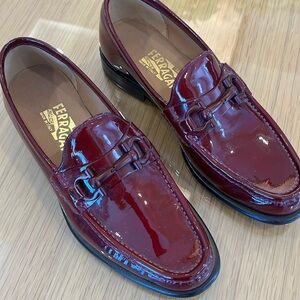 EUC deep red patent leather Salvatore Ferragamo loafers